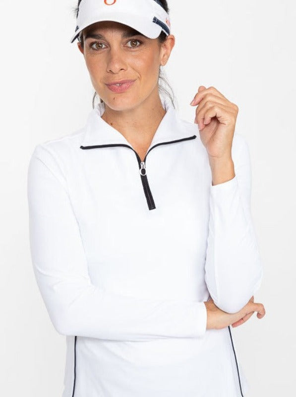 Smiling woman wearing a white No Hat Hair Visor and a Keep It Covered Long Sleeve Golf Top in white