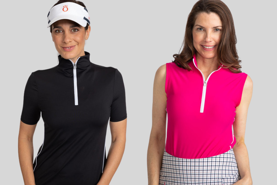 Two smiling female golfers next two each in black and pink KINONA golf clothes.