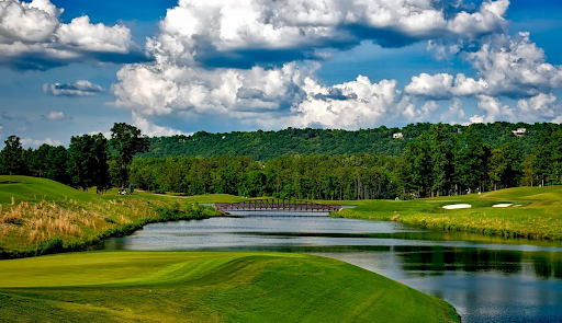 A green golf course with a body of water 