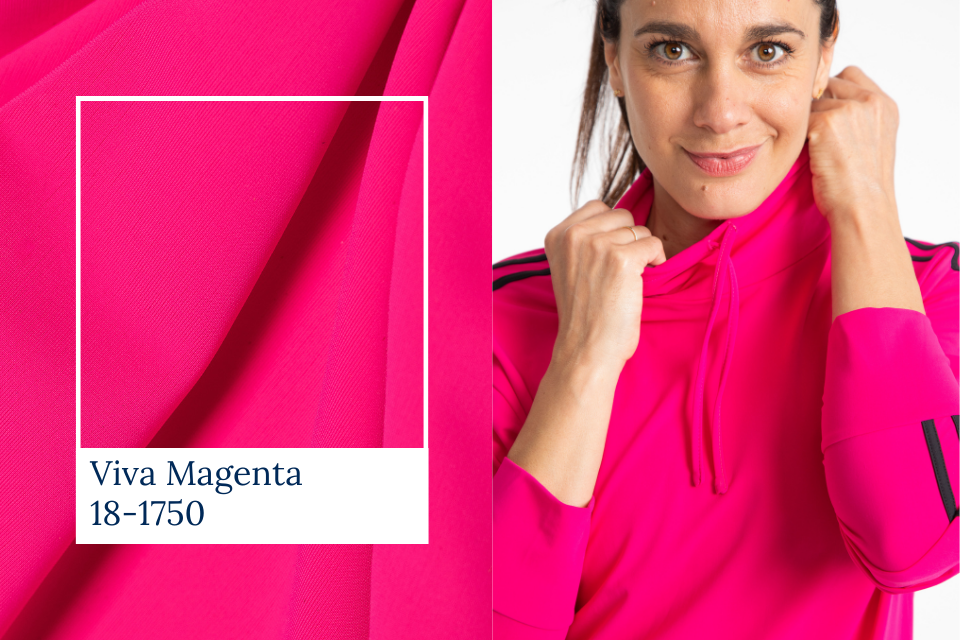KINONA female model in PANTONE's color of the year Viva Magenta.
