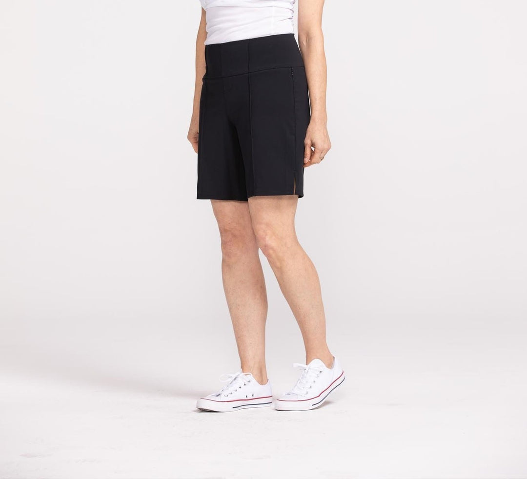 Front left side view of the black Tailored and Trim golf shorts