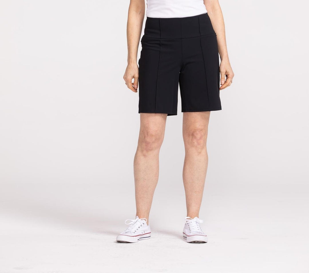 Front view of the black Tailored and Trim golf shorts