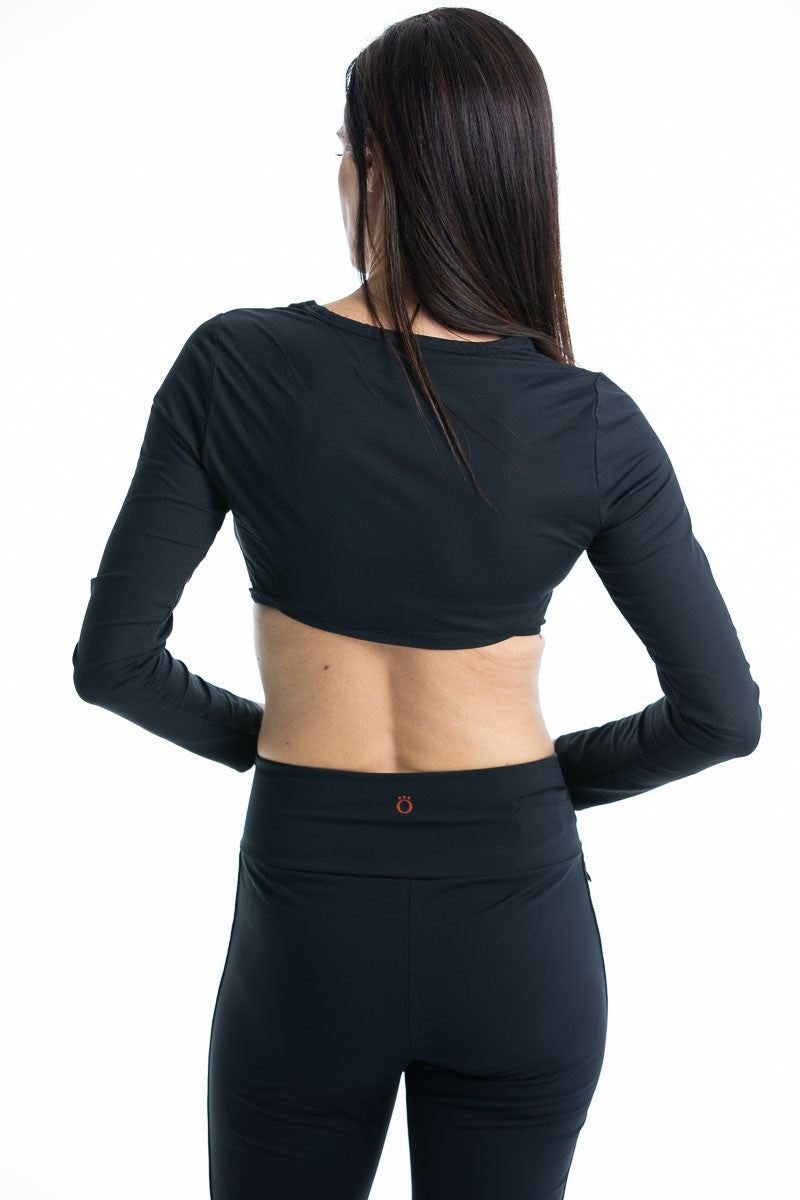 Back view of  woman wearing a black Sun's Out Shrug with mesh