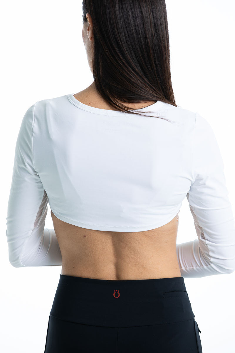 Closer back view of woman in a white Sun's Out Shrug With Mesh