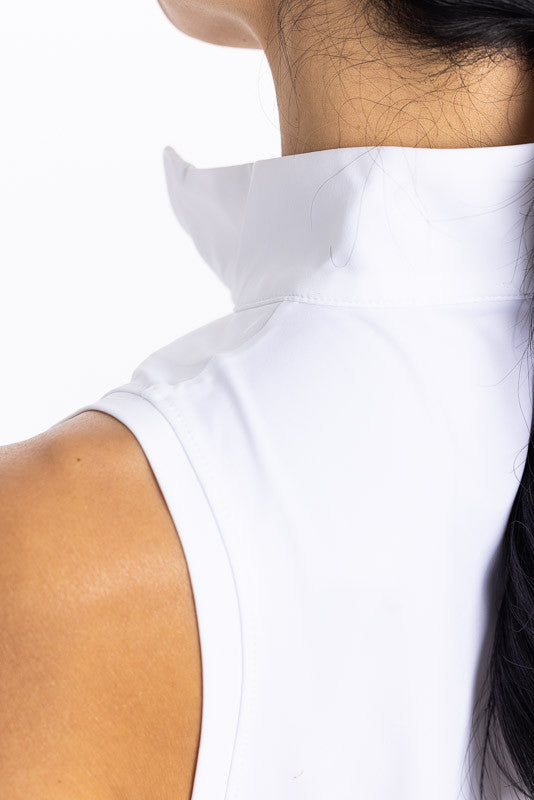 Back collar and left shoulder view of the Keep it Covered sleeveless golf top in white/white