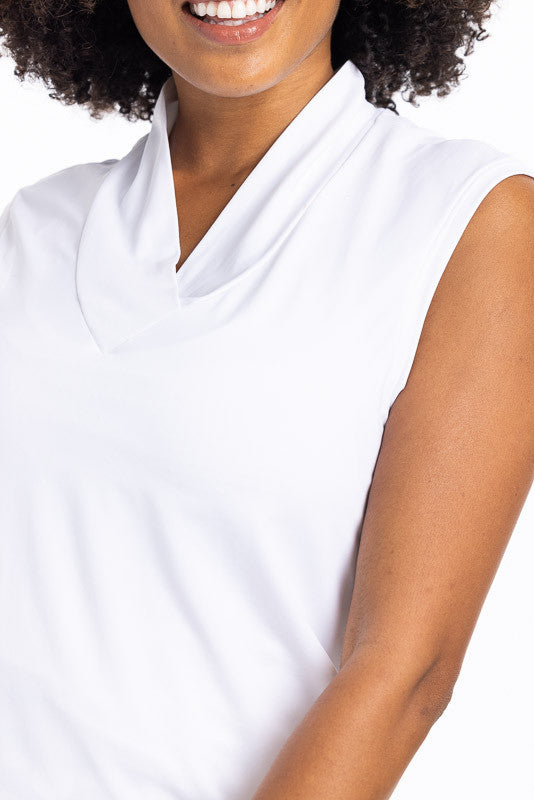 Close front view of the Light and Lovely sleeveless golf top in white