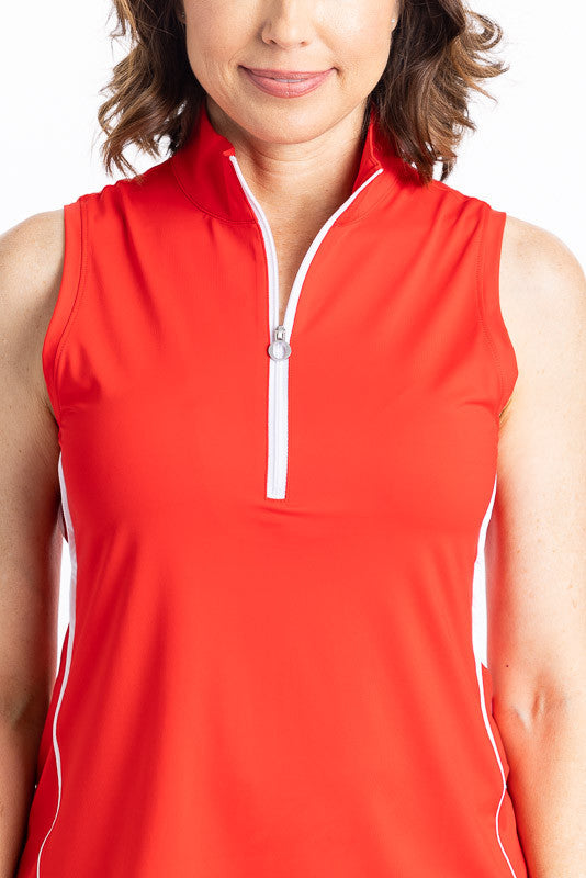 Close front view of the Keep It Covered sleeveless golf top in cherry red