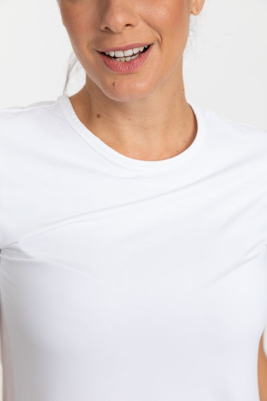 Close front view of the neckline on the Tee It Up Short Sleeve Golf Shirt in white