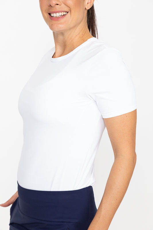 Side view of a Tee It Up Short Sleeve Golf Shirt in white