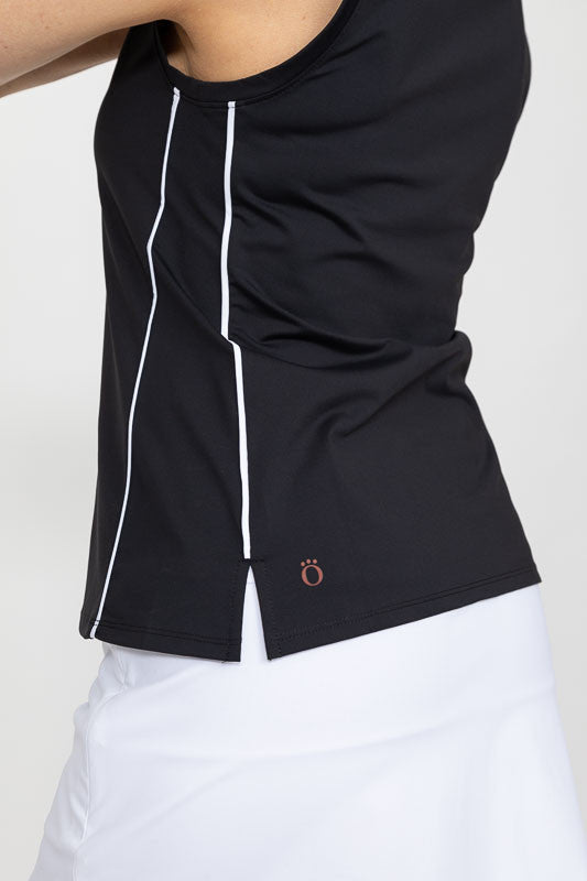 Side view of the Keep It Covered Sleeveless Golf Top in black