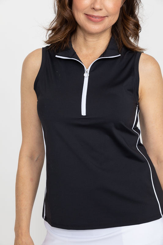 Close front view of a woman wearing a Keep It Covered Sleeveless Golf Top in black