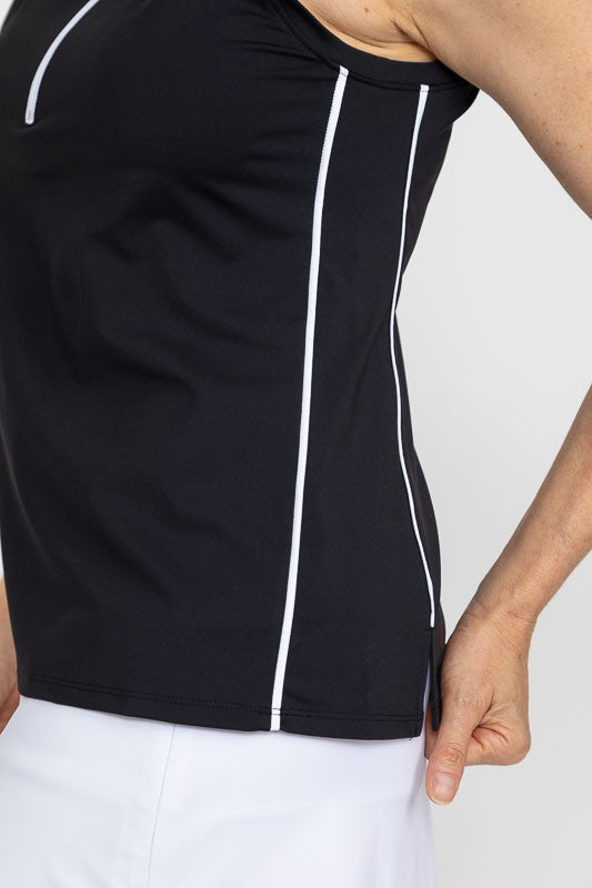 Close side view of the Keep It Covered Sleeveless Golf Top in black