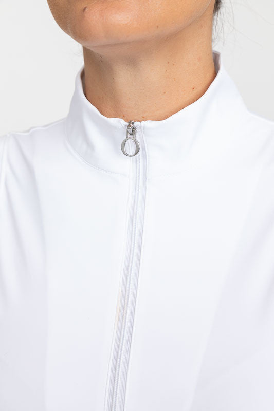 Close view of the neckline on the Keep It Covered Sleeveless Top in white/white