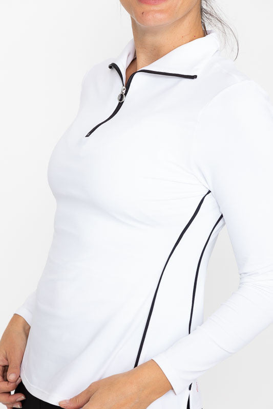 Close front view of a Keep It Covered Long Sleeve Golf Top in white