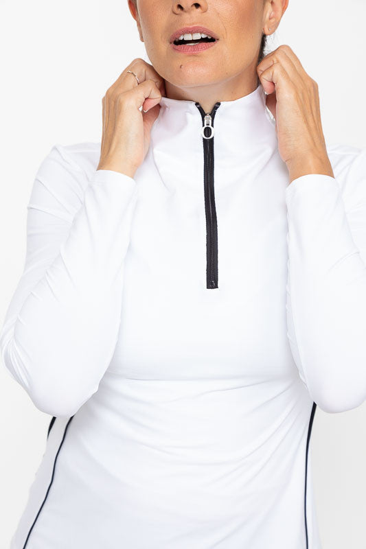 Close front view of the zipper and neckline on a Keep It Covered Long Sleeve Golf Top in white