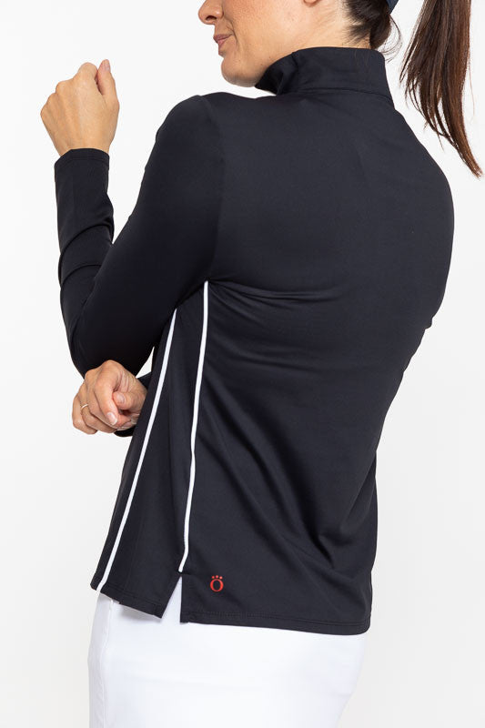 Back and left side view of a woman wearing a Keep It Covered Long Sleeve Golf Top in black