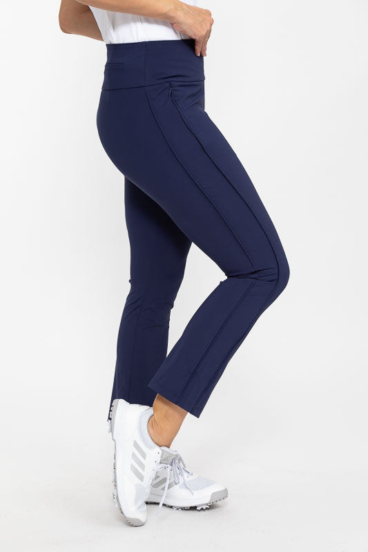 Right side view of the Smooth Your Waist Crop Pants in navy blue