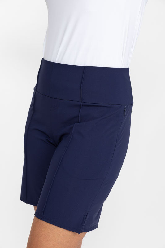Front and left side view of the Tailored and Trim Golf Shorts in navy blue.