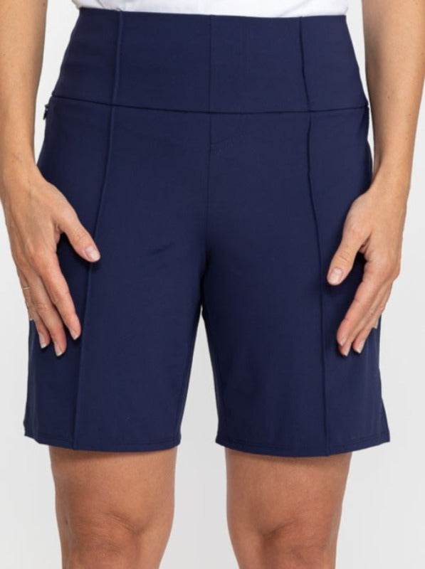 Front view of the Tailored and Trim Golf Shorts in navy blue.