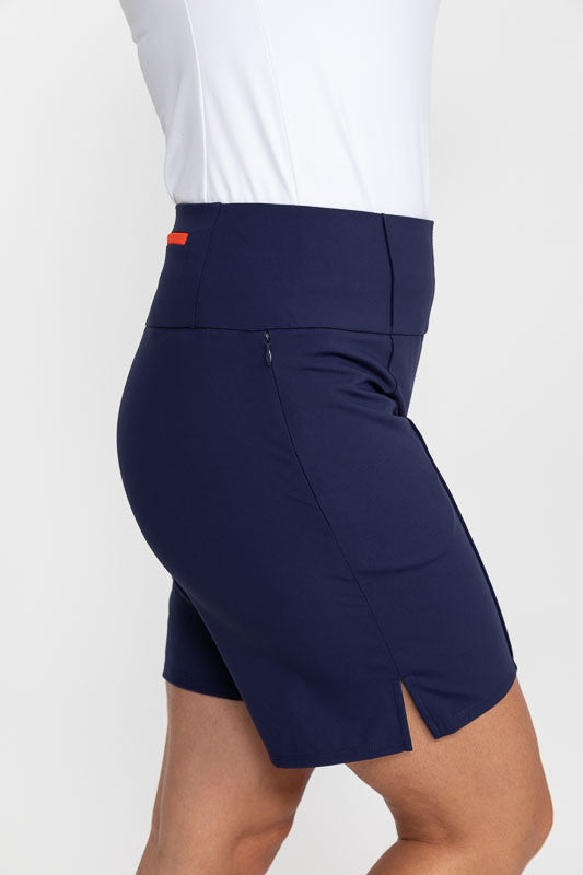 Right side view of the Tailored and Trim Golf Shorts in navy blue.