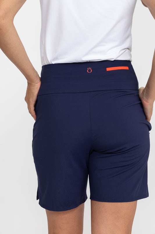 Back view of the Tailored and Trim Golf Shorts in navy blue.