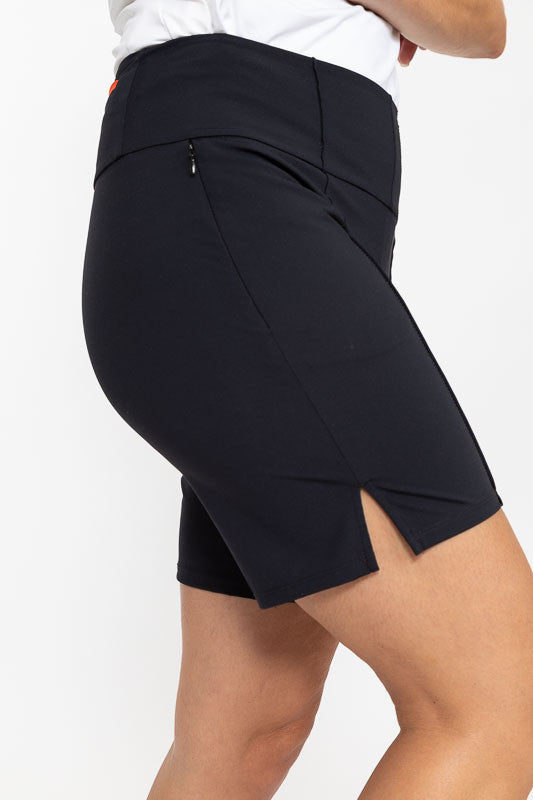 Full right side view of a pair of Tailored and Trim Golf Shorts in black