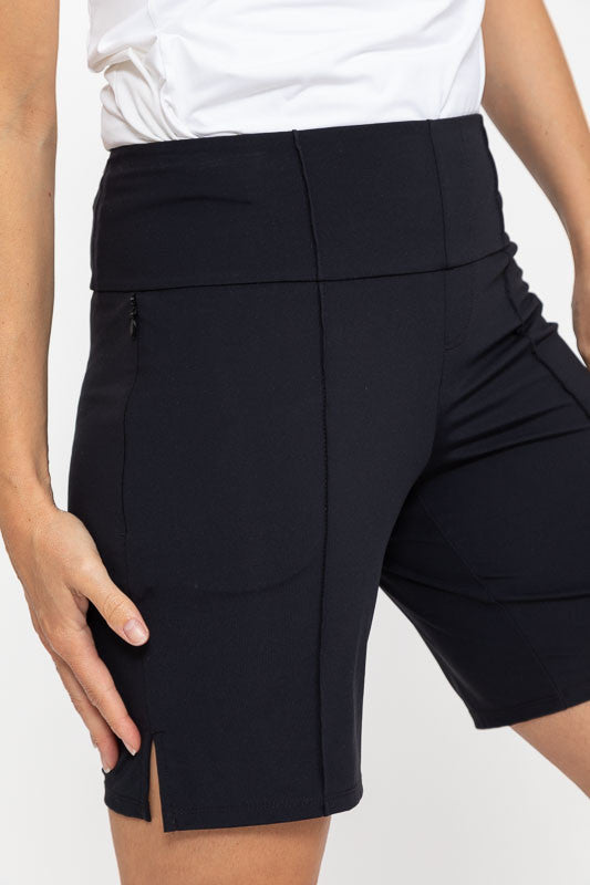 Front and right side view of a pair of Tailored and Trim Golf Shorts in black