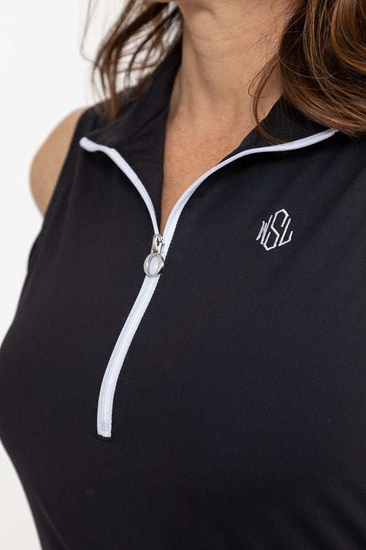 Close front view of the zipper on the Keep It Covered Sleeveless Golf Top in black
