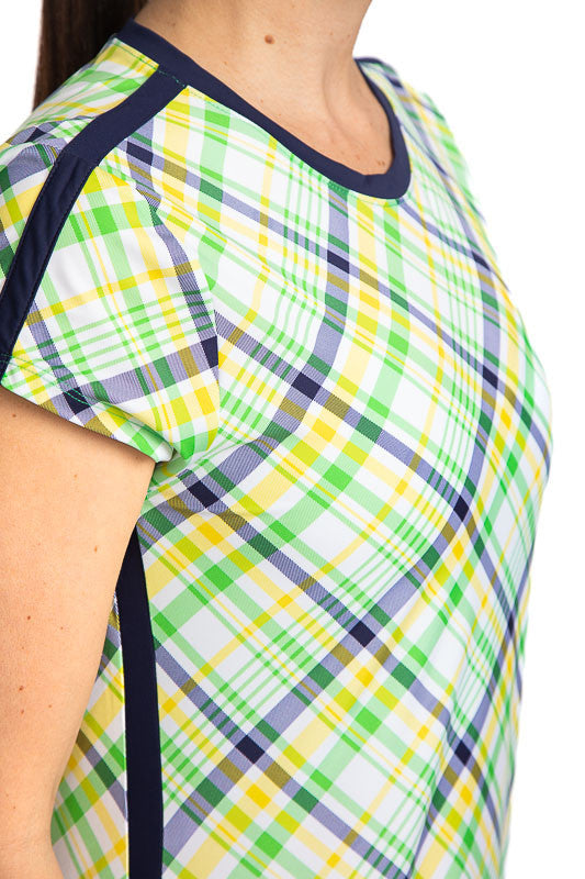 Close view of the neckline on the Pin High Short Sleeve Golf Dress in Picnic Plaid (plaid consists of green, yellow, navy blue, and white) 