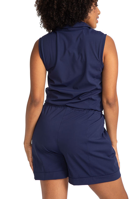 Close back view of the Style For Miles Golf Romper in navy blue