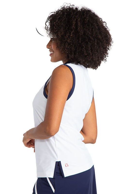 Left side view of the Zip It and Rip It Sleeveless Golf top in white. This top has navy blue accents at the neckline and around each sleeve.