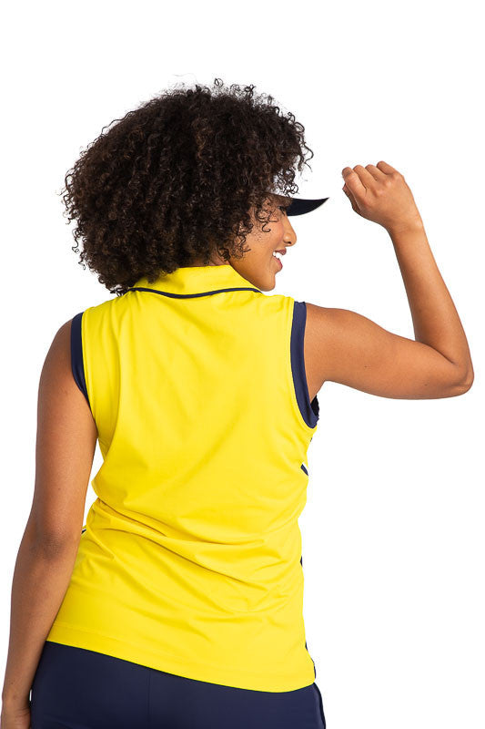 Back view of the  On Par Sleeveless Golf Top in Lemon Yellow. This shirt has navy blue and white accents at the V on the front of the shirt, and down each side, , along with navy blue accents around each armhole. 