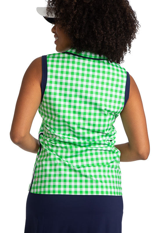 Back view of the On Par Sleeveless Golf Top in Go Go Gingham. This print consists of green and white checks with navy blue and white accents along the neckline, down each side of the top, and navy blue around each armhole.