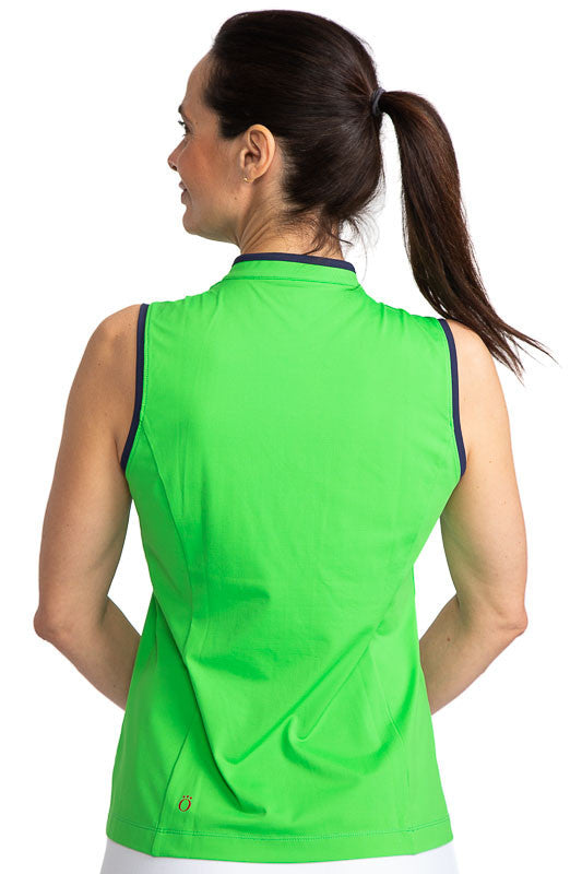Back view of the Looking Snappy Sleeveless Golf Top in Fairway Green. This top has Navy Blue accents around the collar and down the front of the blouse, navy blue snaps down the front of the shirt, and around each armhole.