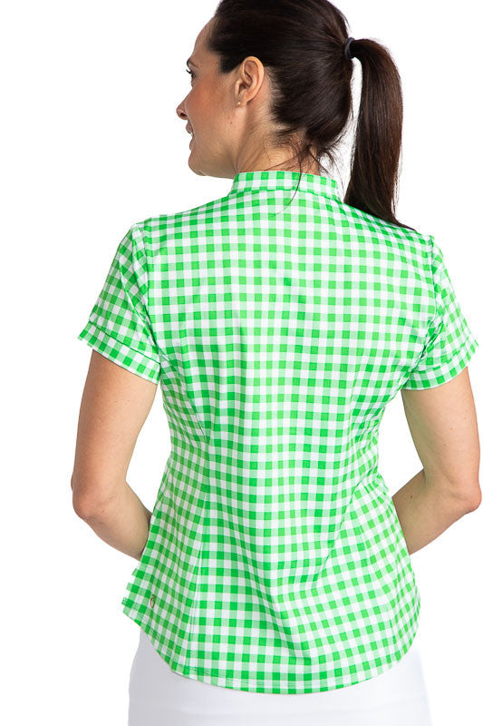 Back view of the Band Collar Beauty Short Sleeve Golf Shirt in Go Go Gingham. This print consists of green and white checks.