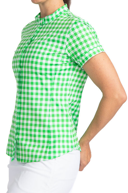 Full front and left side view of the Band Collar Beauty Short Sleeve Golf Shirt in Go Go Gingham. This print consists of green and white checks.