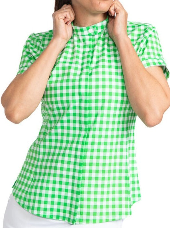 Woman wearing the Band Collar Beauty Short Sleeve Golf Shirt in Go Go Gingham. This print consists of green and white checks.