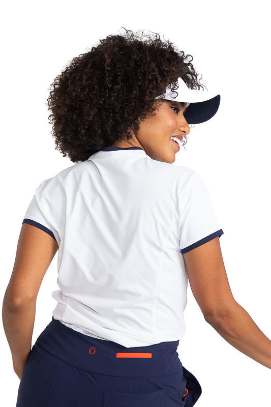 Back view of the Gimme Putt Short Sleeve Golf Top in White. This top has navy blue accents along both sides of the zipper, two stripes horizontally across the top near the neckline, and around each armhole.