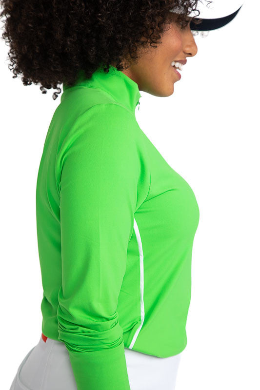 Right side view of the Keep It Covered Long Sleeve Golf Top in Fairway Green