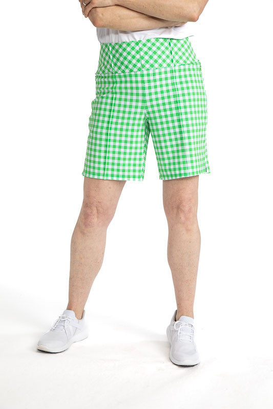 Front view of the Tailored and Trim Golf Shorts in Go Go Gingham. The Go Go Gingham print is a green and white checkered print.