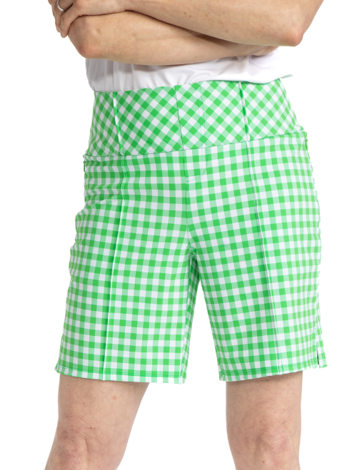 Front view of the Tailored and Trim Golf Shorts in Go Go Gingham. Women's golf green and white checkered print short.