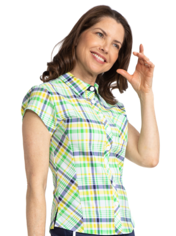 Front view of the Tough in the Rough Short Sleeve Golf Top in Picnic Plaid. Picnic plaid consists of white, navy blue, green, and yellow.  Women's green, blue and yellow plaid golf shirt.