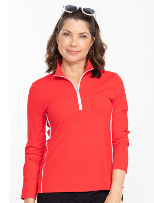 Keep It Covered Long Sleeve Golf Top in Cherry Red front view.  Red women's golf top.