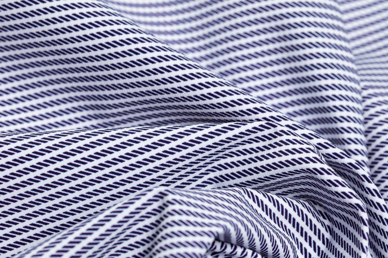 Color swatch - Workin' It Stripe. This pattern consists of navy blue stripes on a white background. 