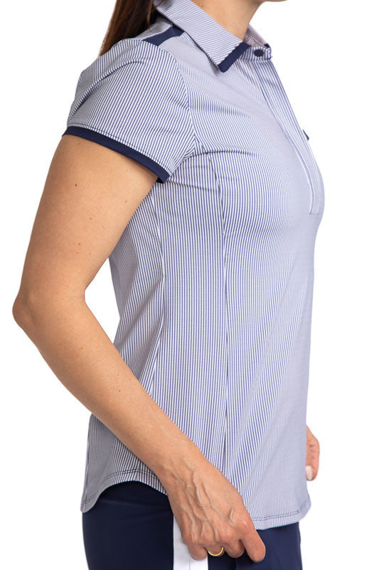 Full right side view of the Cute and Classic Short Sleeve Golf Top in Workin' It Stripe. This stripe pattern consists of navy blue stripes on a white background. This top also has navy blue accents around each sleeve, across the top of the front pocket, d