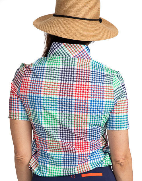 Back view of the Keep It Covered Short Sleeve Golf Top in Vacation Plaid. Vacation Plaid consists of a small, checkered pattern of red, blue, green and white.