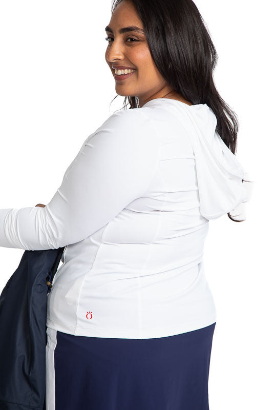 Back view of the Layer It Up Long Sleeve Hoodie Golf Top in White
