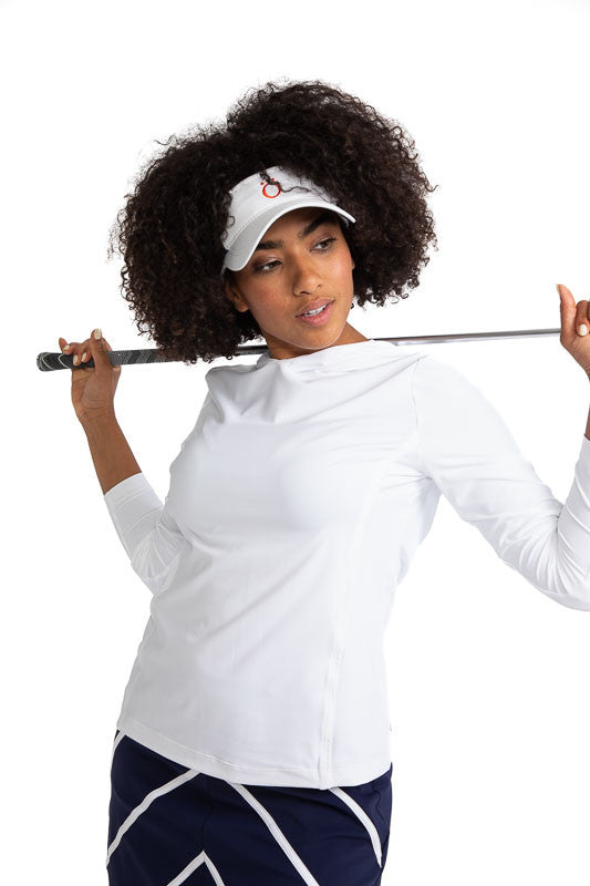 Woman golfer with a golf club behind her head wearing the Layer It Up Long Sleeve Hoodie Golf Top in White and the No Hat Hair Visor in White.