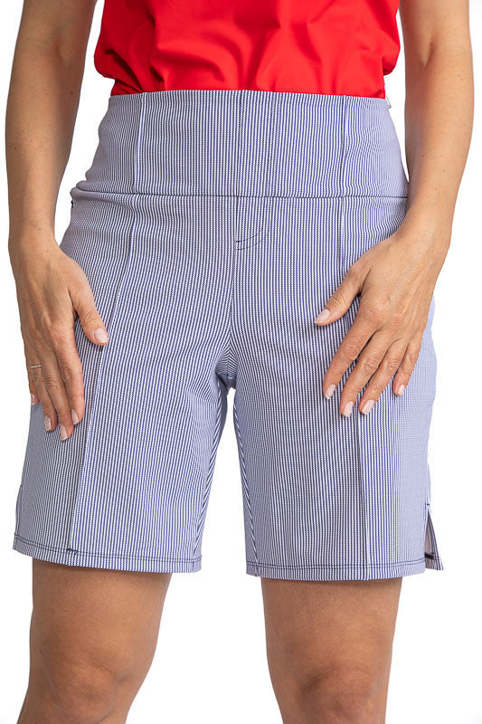 Front view of the Tailored and Trim Golf Shorts in Workin' It Stripe. This stripe pattern consists of navy blue stripes on a white background.
