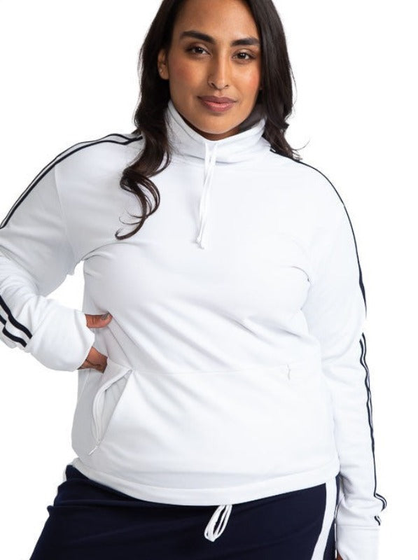 Front view of the Apres 18 Funnel Neck Long Sleeve Top in White. This top has two navy blue stripes down each arm. 